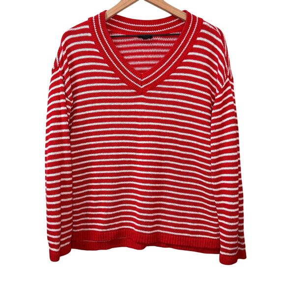 TALBOTS Linen Blend Sweater Women M Stripe V-neck Nautical Preppy Coastal Summer - Picture 1 of 9